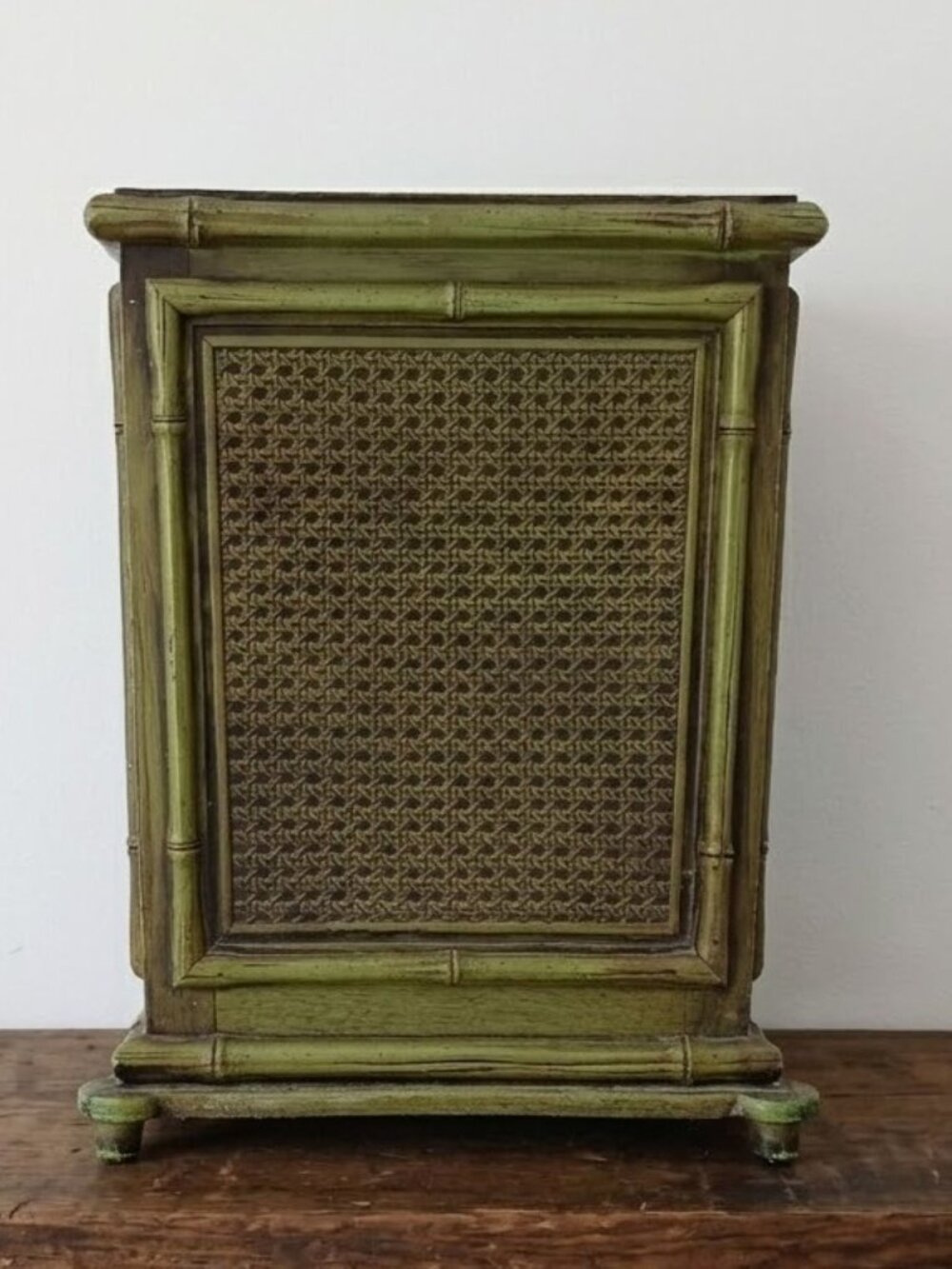 Vintage Hollywood Regency Faux Bamboo Wastebasket Green Cane Mesh Trash Can Bin